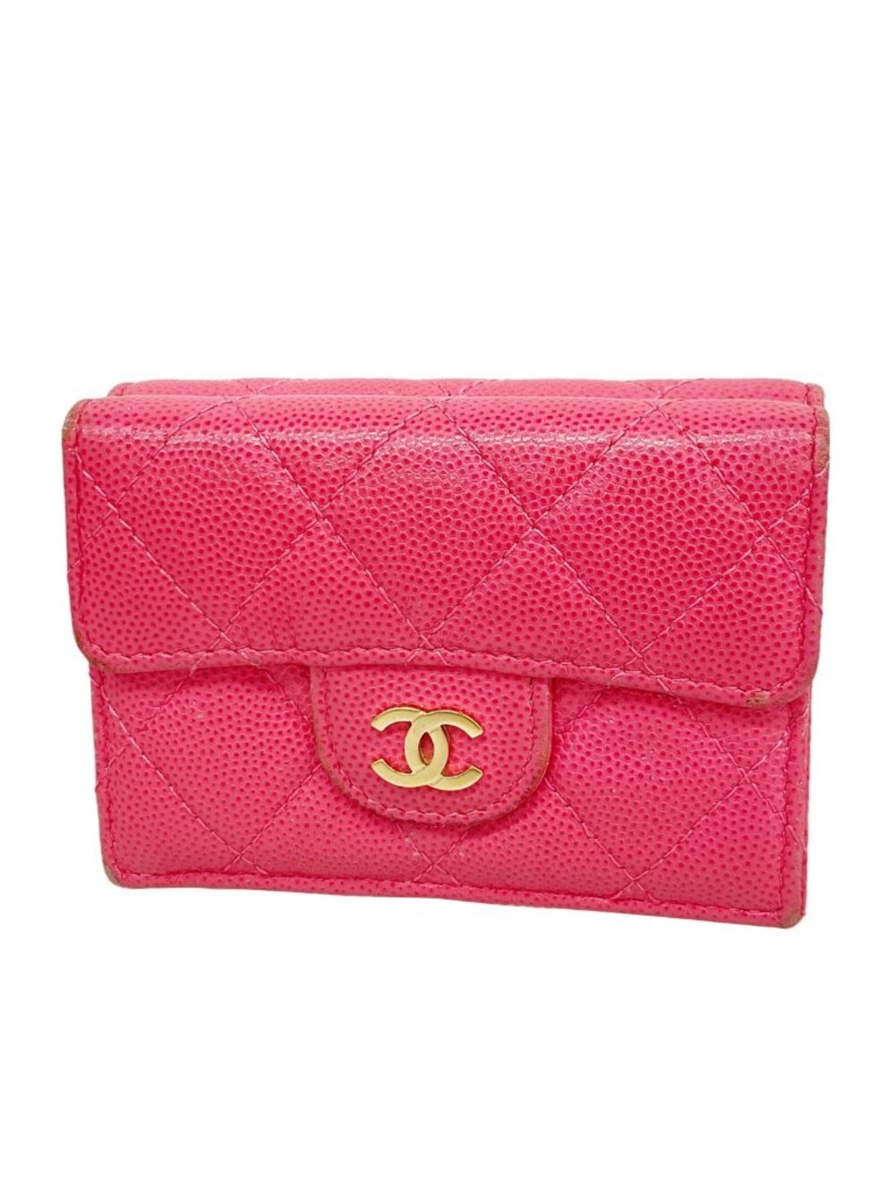 Chanel Trifold Wallet Quilted Caviar Leather Pink Gold